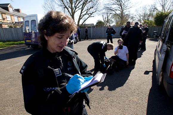 Press photographers get pulled off the motorway by traffic police and stop and searched for weapons under S60 and S60AA of the Public Order Act, quoted as the Terrorism Act. On route to the March for England, Brighton. © Jess Hurd/reportdigital.co.uk Tel: 01789-262151/07831-121483 info@reportdigital.co.uk NUJ recommended terms & conditions apply. Moral rights asserted under Copyright Designs & Patents Act 1988. Credit is required. No part of this photo to be stored, reproduced, manipulated or transmitted by any means without permission.